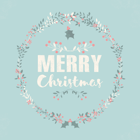 Frohe Weihnachten Postkarte mit Kugeln Dekoration, Schneeflocken und Blumen  Illustration