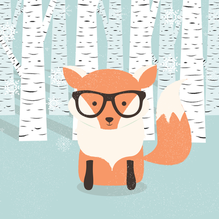 Frohe Weihnachten-Postkarte mit süßem orangefarbenen Hipster-Fuchs im Wald  Illustration