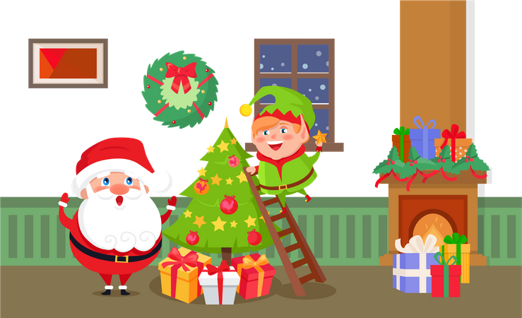 Frohe Weihnachten, Weihnachtsmann und Elf im Home Room  Illustration