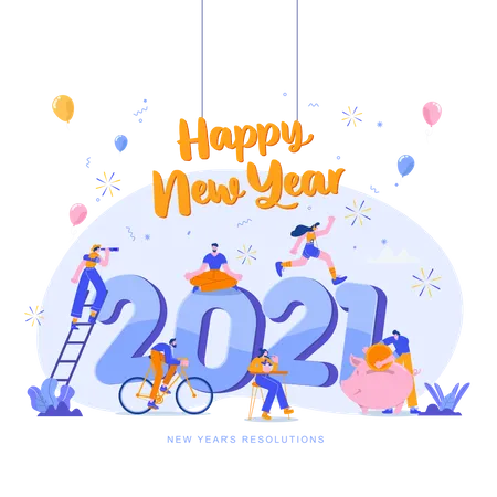Frohes Neues Jahr 2021 Ziele Und Vorsatze 2021 Konzeptillustration Winzige Leute Haben Spass Mit Ihren Zielen Im Jahr 2021 Illustration