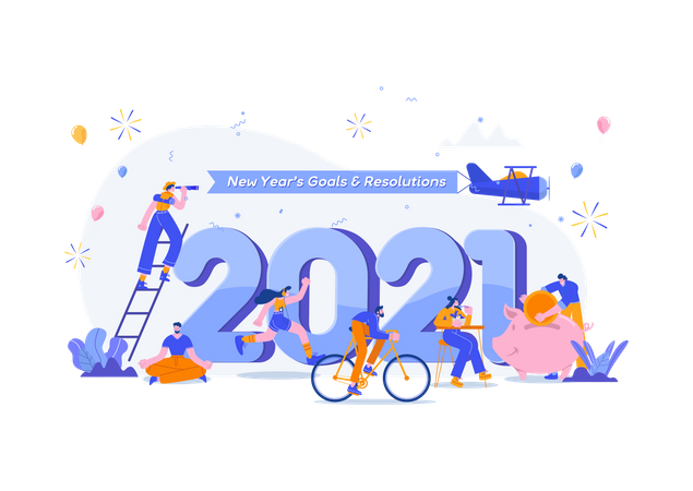 Frohes neues Jahr 2021. Ziele und Vorsätze 2021 Konzeptillustration. Winzige Leute haben Spaß mit ihren Zielen im Jahr 2021  Illustration