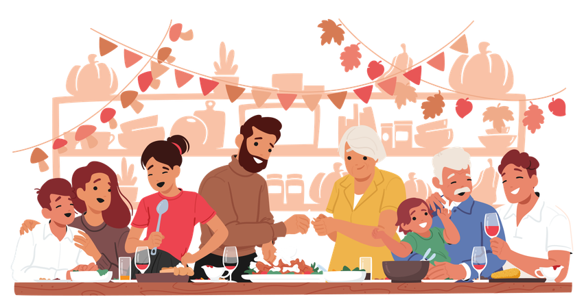 Fröhliche Familienversammlung um den Tisch herum feiert Thanksgiving  Illustration