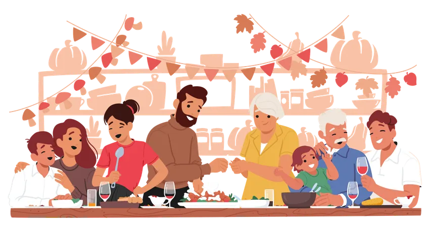 Fröhliche Familienversammlung um den Tisch herum feiert Thanksgiving  Illustration