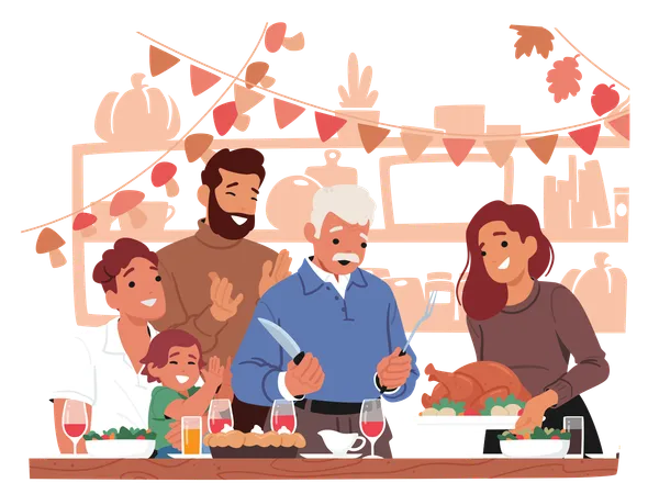 Fröhliche Familie versammelt sich um den Tisch und feiert Thanksgiving mit Truthahnessen  Illustration