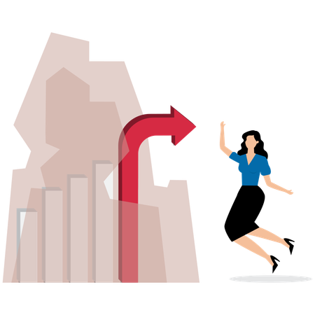 Fröhliche Geschäftsfrau mit Balkendiagramm durch Eis brechen  Illustration