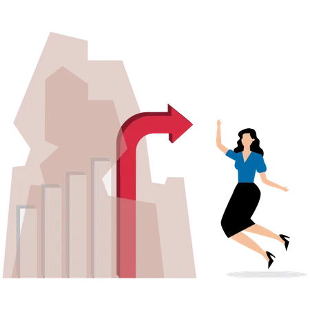 Fröhliche Geschäftsfrau mit Balkendiagramm durch Eis brechen  Illustration