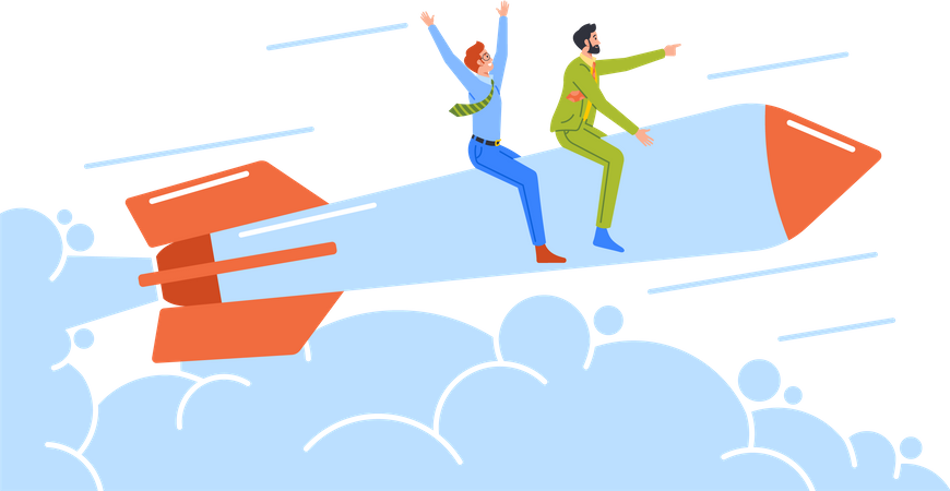 Fröhliche Geschäftsleute fliegen mit Raketentriebwerk  Illustration