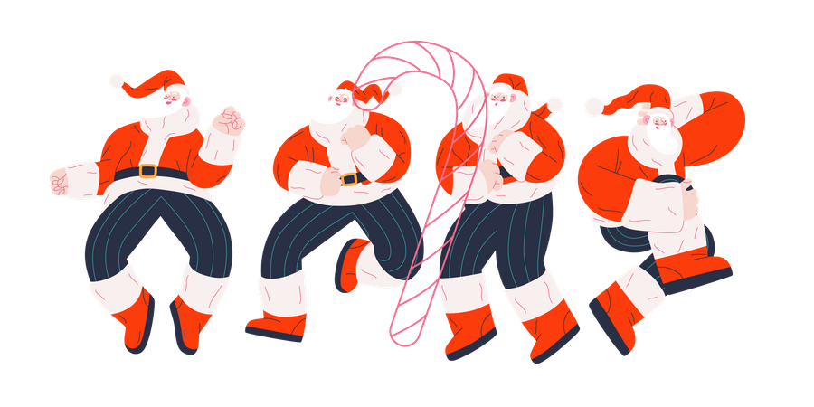 Fröhliche Gruppe von Weihnachtsmännern, die auf unterschiedliche Weise tanzen  Illustration