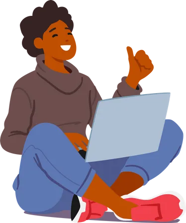 Fröhliche junge Frau sitzt mit Laptop und zeigt Daumen nach oben  Illustration