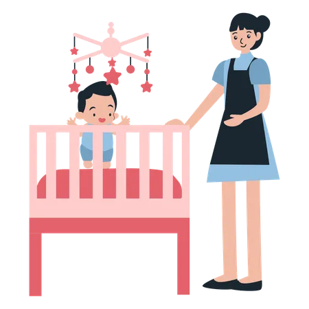 Fröhliche Kinderbetreuung und Baby mit Dame  Illustration