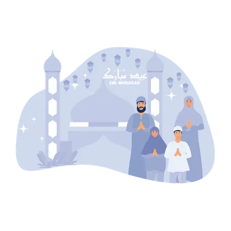 Fröhliche muslimische Familiengrüße zum Eid Mubarak  Illustration