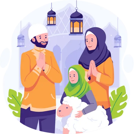 Eine fröhliche muslimische Familie grüßt das Eid Al Adha  Illustration