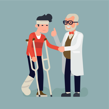 Fröhlicher Arzt tröstet verletzte Person auf Krücken mit einem Gipsverband am Bein und einer Fessel am Kopf in der Genesung  Illustration