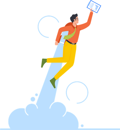 Fröhlicher Geschäftsmann hebt mit Jetpack ab  Illustration