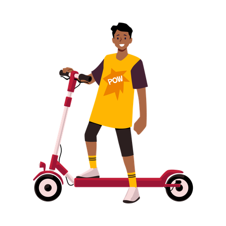 Fröhlicher Junge steht mit einem Roller  Illustration