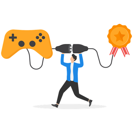 Fröhlicher männlicher Gamer rennt vom Gaming-Joystick die Treppe hinauf, um das Ziel zu erreichen  Illustration