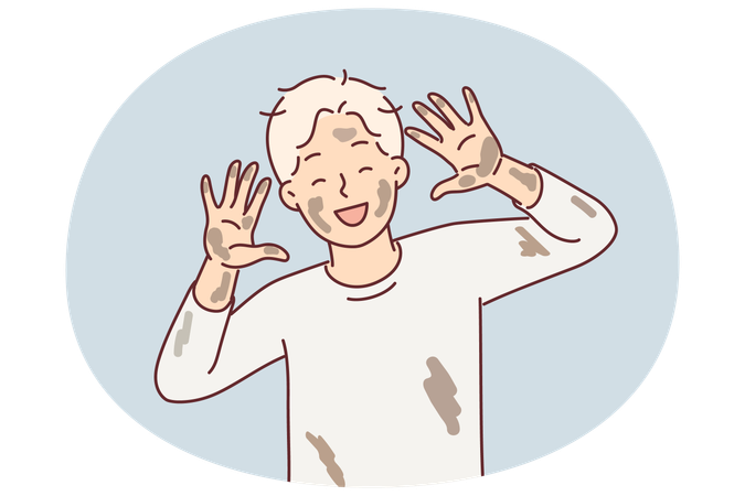 Fröhlicher schmutziger Junge im vorpubertären Alter lacht und zeigt Handflächen und Gesicht, die mit Lehm aus einer Pfütze befleckt sind  Illustration