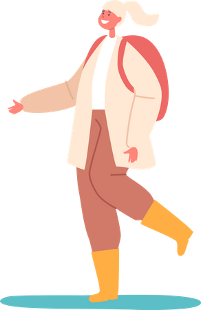 Fröhlicher Schulmädchen-Spaziergang in Gummistiefeln  Illustration
