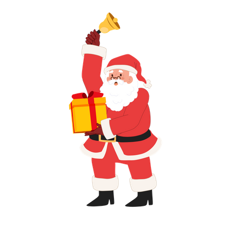 Fröhlicher Weihnachtsmann mit Geschenkbox und Glockenläuten  Illustration