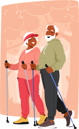 Fröhliches älteres Paar beim Nordic Walking im Freien  Illustration