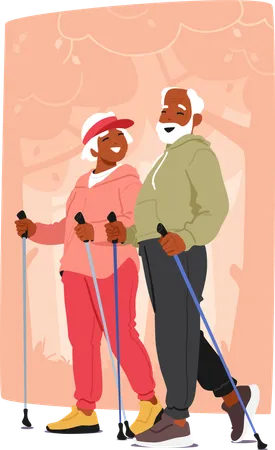 Fröhliches älteres Paar beim Nordic Walking im Freien  Illustration