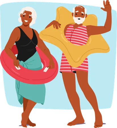 Fröhliches älteres Ehepaar bereit zum Schwimmen  Illustration