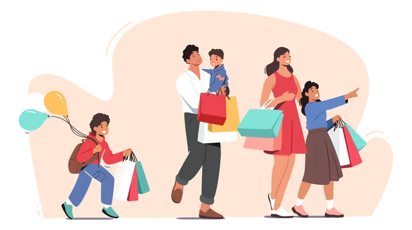 Fröhliches Familien-Shopping  Illustration