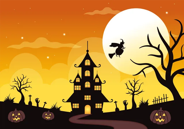 Happy Halloween Vorlage Hintergrund Handgezeichnete Cartoon Flache Illustration Mit Kurbissen Fledermausen Und Dunklem Schloss Bei Vollmond Fur Ihren Designstil Illustration