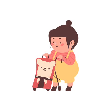 Fröhliches kleines Mädchen spielt mit Kinderwagen und Teddybär  Illustration