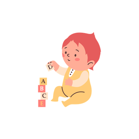 Fröhliches Kleinkind sitzt und spielt Alphabetblöcke  Illustration