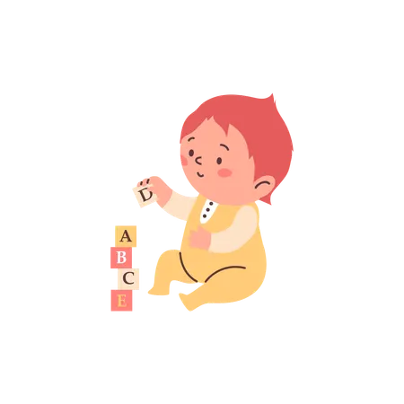 Fröhliches Kleinkind sitzt und spielt Alphabetblöcke  Illustration