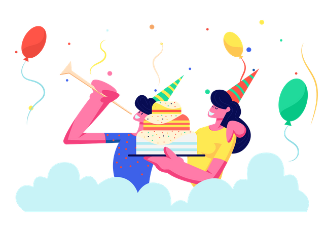 Fröhliches Paar in festlichen Hüten feiert Geburtstagsparty  Illustration