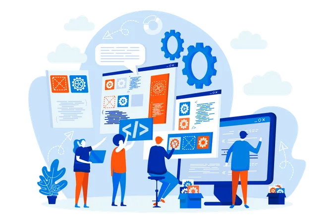 Developers Team Web Design With People Characters Designers And Developers Teamwork Scene Software Engineering Composition In Flat Style Vector Illustration For Social Media Promotional Materials Illustration
