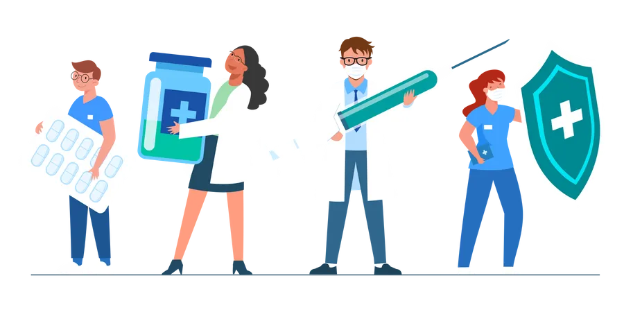 Healthcare Workers Are The Front Lines In The Public Health System A Healer Is Like A Warrior Who Fights Various Diseases With Needles And Pills Flat Vector Cartoon Illustration Illustration