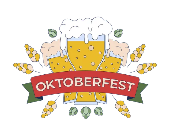 Frothy beer glasses with barley and hops for oktoberfest  Illustration