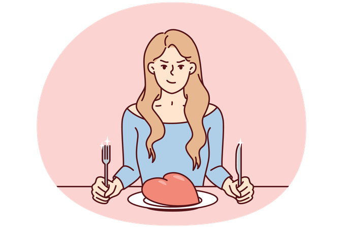 Frowning woman sits at table with giant heart in plate and holds fork with knife  Illustration