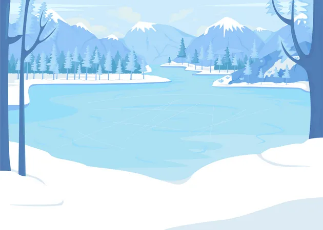 Frozen lake for skating surrounded by mountains  Illustration