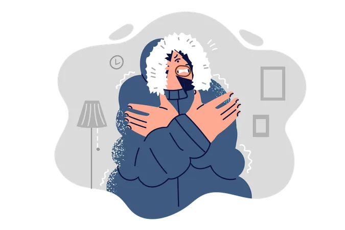 Frozen Man In Winter Jacket Is Shivering From Cold Standing In Unheated Apartment And Needs Heater Frozen Guy Suffers From High Gas Or Electricity Tariffs And Needs Social Benefits Illustration
