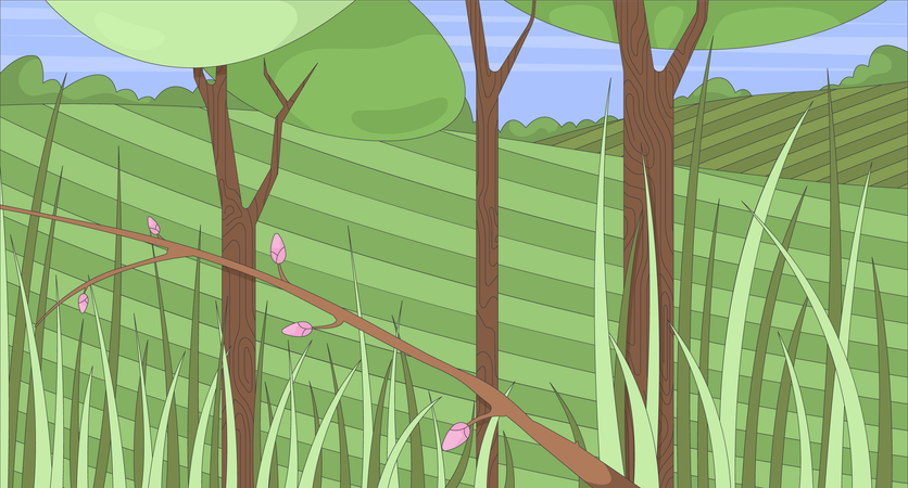 Frühlingswiesenlandschaft mit Knospenzweigen und Bäumen  Illustration