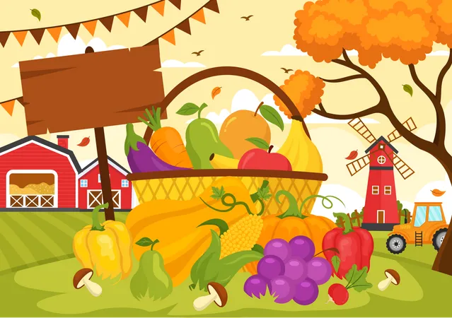 Happy Harvest Festival Vector Illustration Of Autumn Season Background With Pumpkins Maple Leaves Fruits Or Vegetables In Flat Cartoon Templates Illustration
