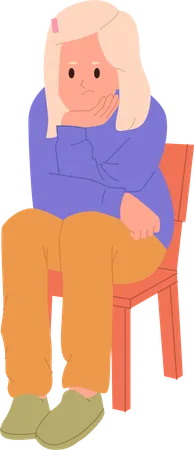 Frustrada, triste y pensativa niña sentada en una silla  Ilustración