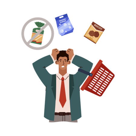 Frustrated and scared man cannot buy food in store  Illustration