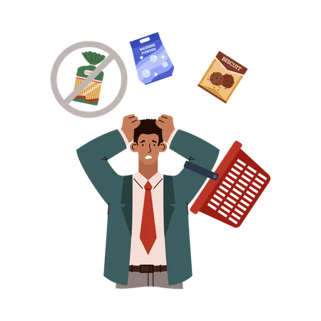 Frustrated and scared man cannot buy food in store  Illustration