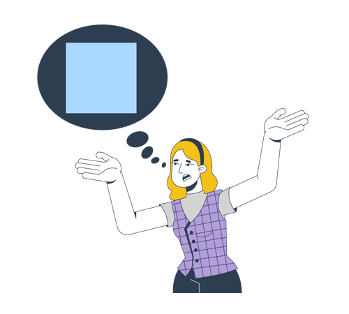Frustrated blonde woman raising arms with thought bubble square  Illustration