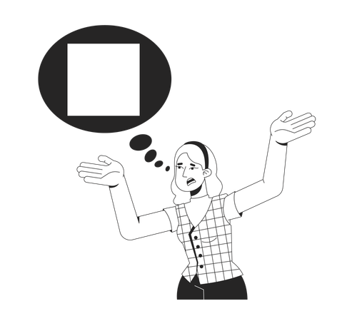 Frustrated blonde woman raising arms with thought bubble square  Illustration