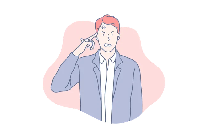 Angry Irritated Stressed Man Concept Businessman Getting Mad With Throbbing Vein On Forehead Man Holding Finger At Temple Annoyed Furious Person Negative Emotion Expression Simple Flat Vector Illustration