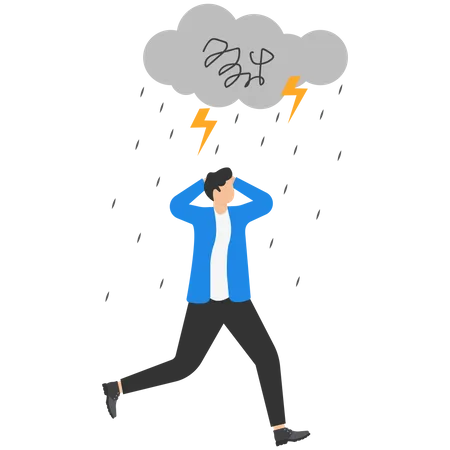 Frustrated Businessman Businessmen Walking Under Rain And Lightning Illustration
