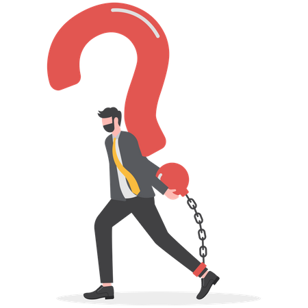 Frustrated businessman chained with huge large question mark burden  Illustration