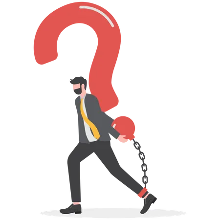 Frustrated businessman chained with huge large question mark burden  Illustration