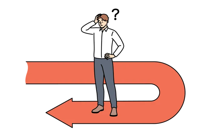 Frustrated businessman has fallen victim to crisis and forced to move backwards to avoid bankruptcy  Illustration